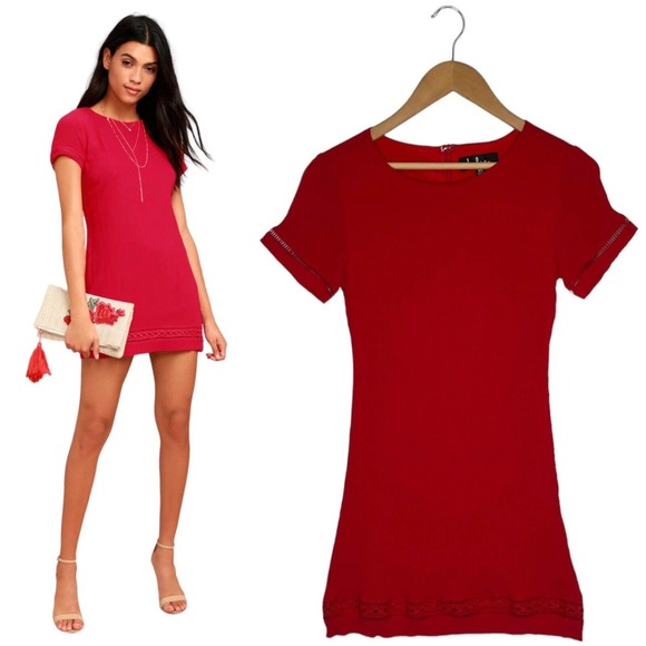 Lulus Womens XS Perfect Time Shift Dress Short Sleeve Gauzy Embroidered Red - Picture 1 of 16